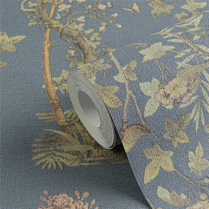 Papeldecor|Papel pintado floral romántico chinoiserie con pájaros azul|Locales Comerciales
