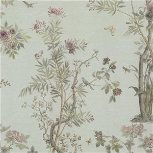 Papeldecor|Papier peint floral romantique chinoiserie avec oiseaux bleu|Locaux commerciaux