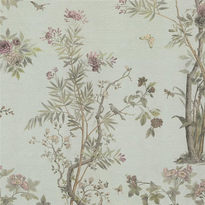 Papeldecor|Papier peint floral romantique chinoiserie avec oiseaux vert|Hall d'entrée