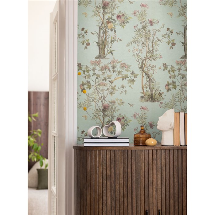 Papeldecor|Romantische Chinoiserie Blumentapete mit Vögeln grün|Eingangsbereich