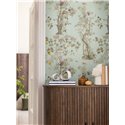 Papeldecor|Papel pintado floral romántico chinoiserie con pájaros verde|Recibidor