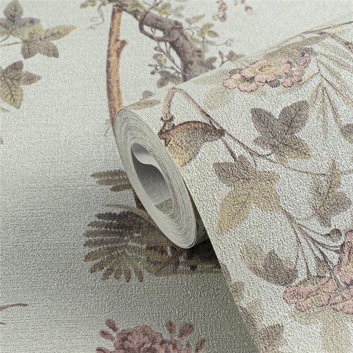 Papeldecor|Papel pintado floral romántico chinoiserie con pájaros verde|Recibidor