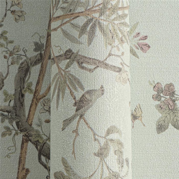 Papeldecor|Papier peint floral romantique chinoiserie avec oiseaux vert|Hall d'entrée