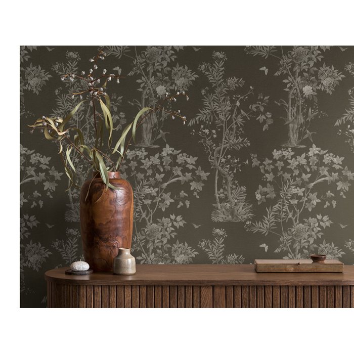 Papeldecor|Papier peint floral romantique chinoiserie avec oiseaux noir|Salón