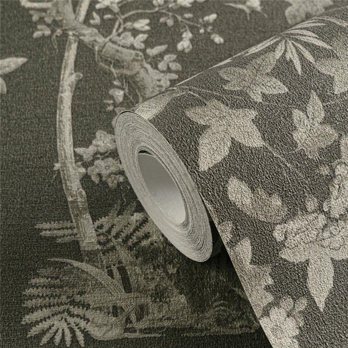 Papeldecor|Romantische Chinoiserie Blumentapete mit Vögeln schwarz|Wohnen