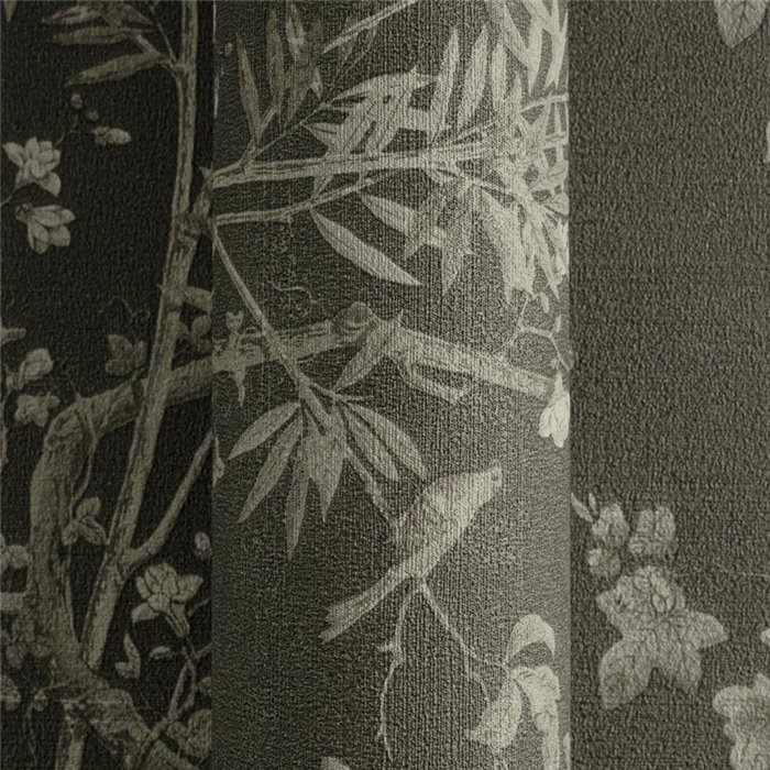 Papeldecor|Papel pintado floral romántico chinoiserie con pájaros negro|Salón