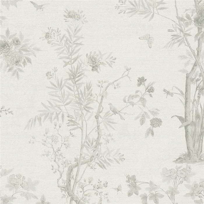 Papeldecor|Papier peint floral romantique chinoiserie avec oiseaux gris|Hôtellerie