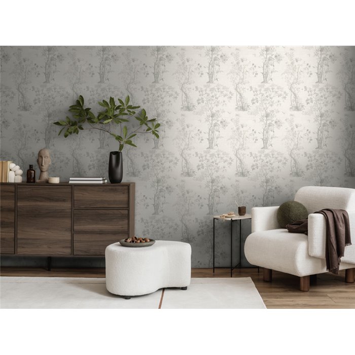 Papeldecor|Papier peint floral romantique chinoiserie avec oiseaux gris|Hôtellerie