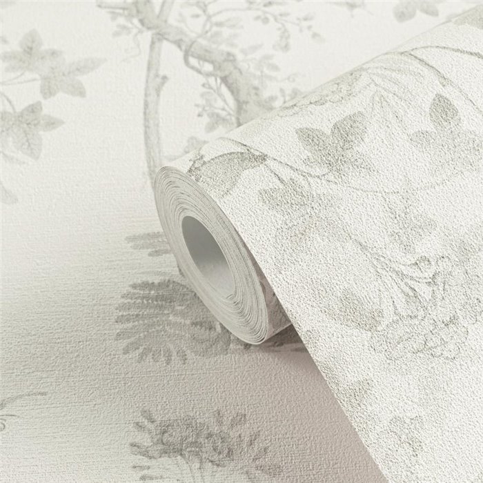 Papeldecor|Papel pintado floral romántico chinoiserie con pájaros gris|Hosteleria