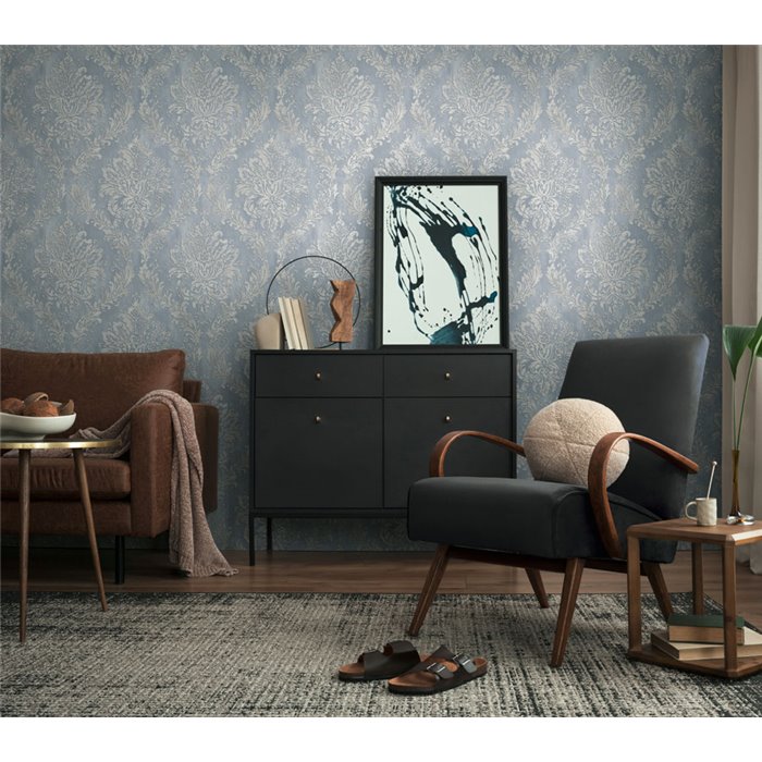 Papeldecor|Papier peint damassé métallisé bleu|Salón