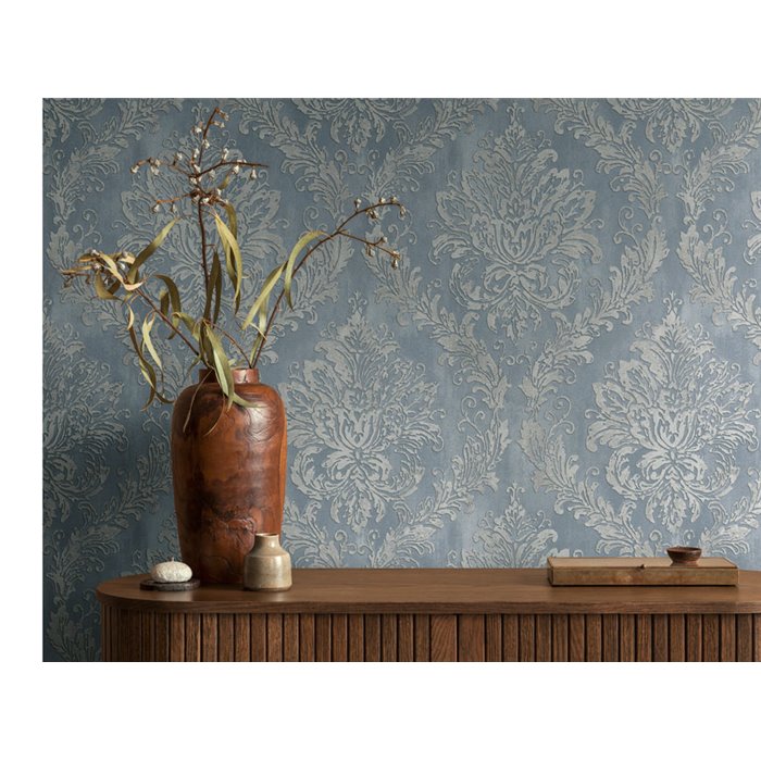 Papeldecor|Metallic damask wallpaper blue|Living Room