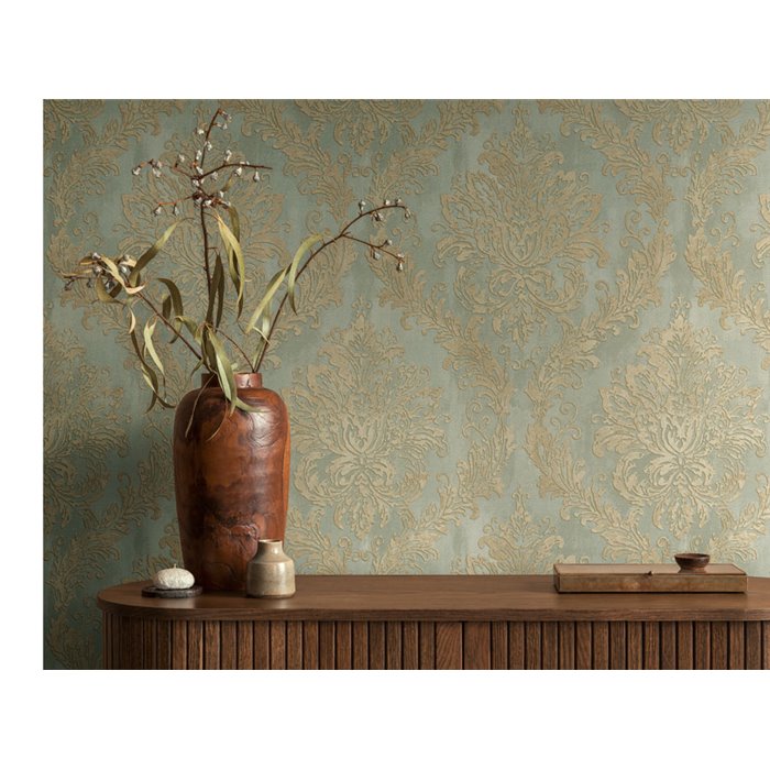 Papeldecor|Metallic damask wallpaper turquoise blue|Damask