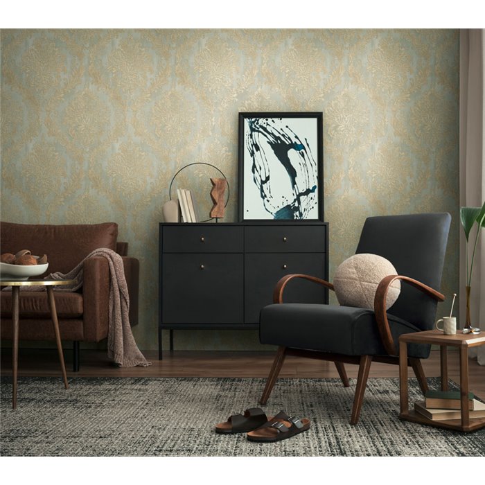 Papeldecor|Metallic damask wallpaper turquoise blue|Damask