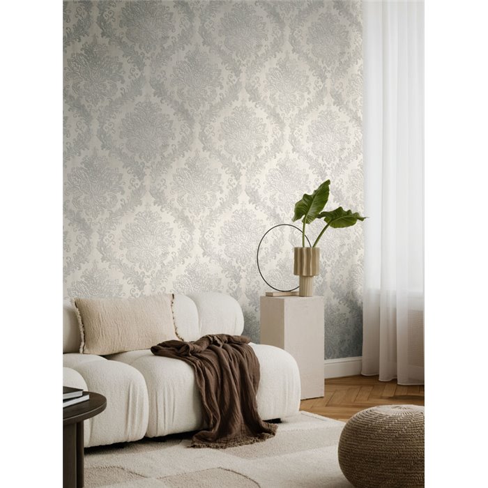 Papeldecor|Papel pintado damasco plata y beige|Locales Comerciales