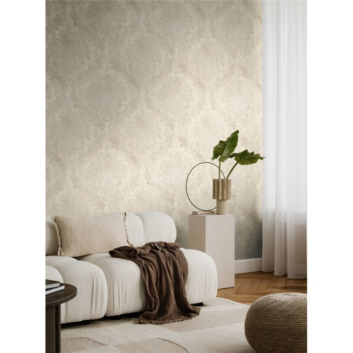 Papeldecor|Metallic beige damask wallpaper|Living Room