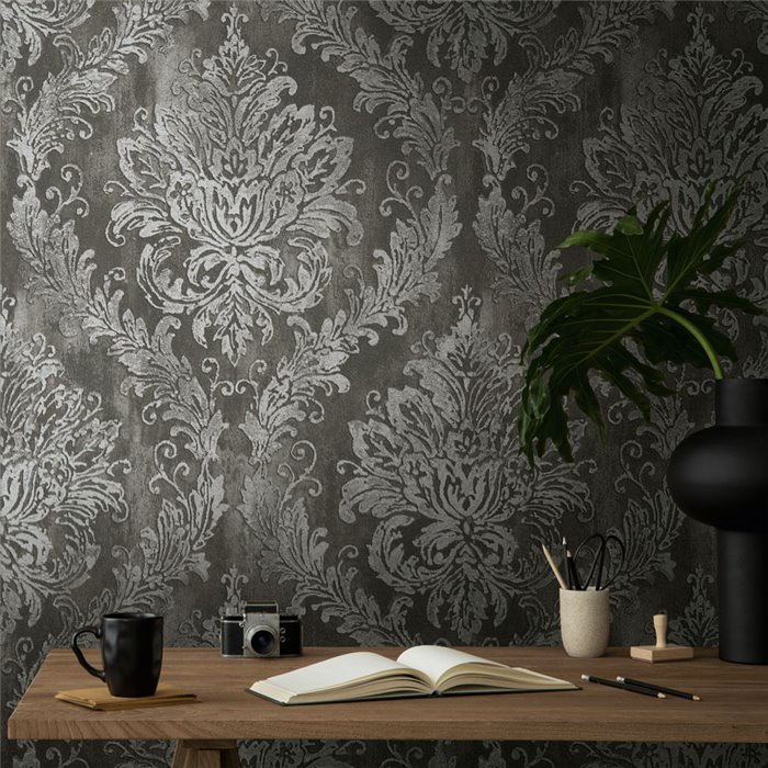 Papeldecor|Papier peint damassé noir et argent|Damas