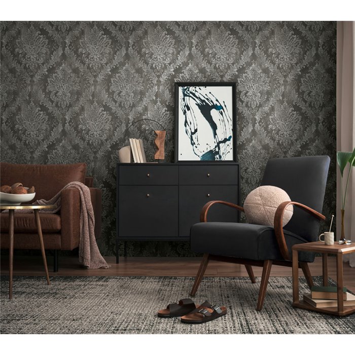 Papeldecor|Damasttapete schwarz und silber|Damast