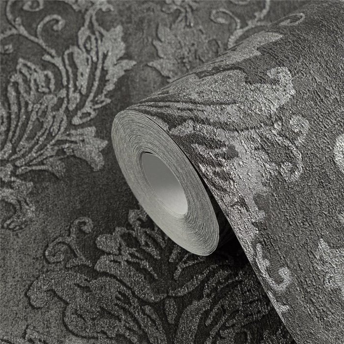 Papeldecor|Papel pintado damasco negro y plateado|Damasco