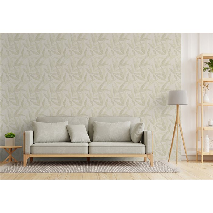 Papeldecor|Wohnzimmer Tapete nordisch große Blätter weiß und silber|Wohnen