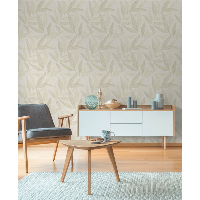 Papeldecor|Papier peint salon nordique grandes feuilles blanc et argent|Salón