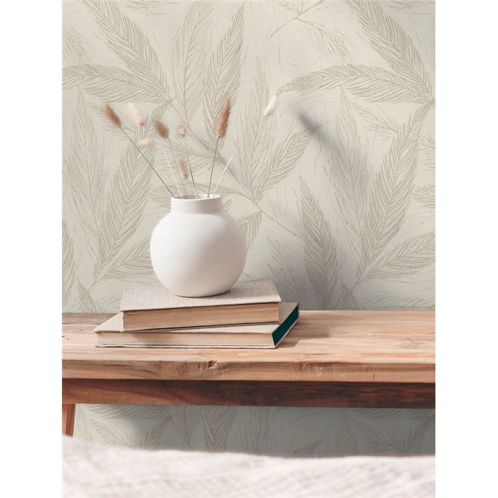 Papeldecor|Papel pintado salón nórdico hojas grandes beige|Salón