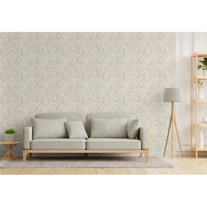 Papeldecor|Wohnzimmer Tapete nordisch große Blätter weiß und grau|Wohnen