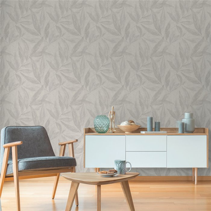 Papeldecor|Papier peint salon nordique grandes feuilles gris|Salón