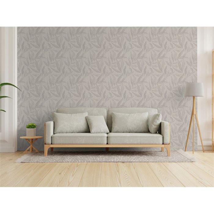Papeldecor|Wohnzimmer Tapete nordisch große Blätter grau|Wohnen