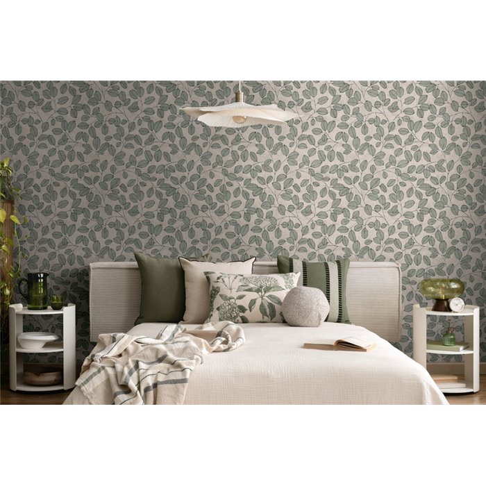 Papeldecor|Nordische Blättertapete grün|Schlafzimmer