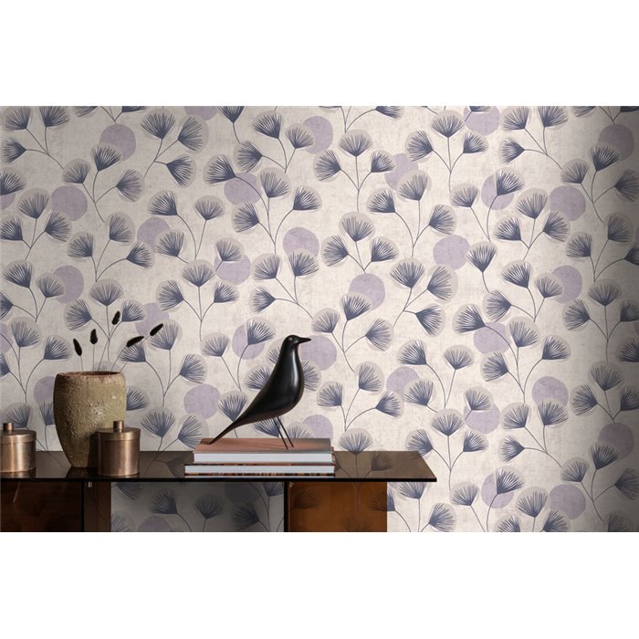 Papeldecor|Papier peint feuilles ginkgo moderne blanc lilas|Hall d'entrée