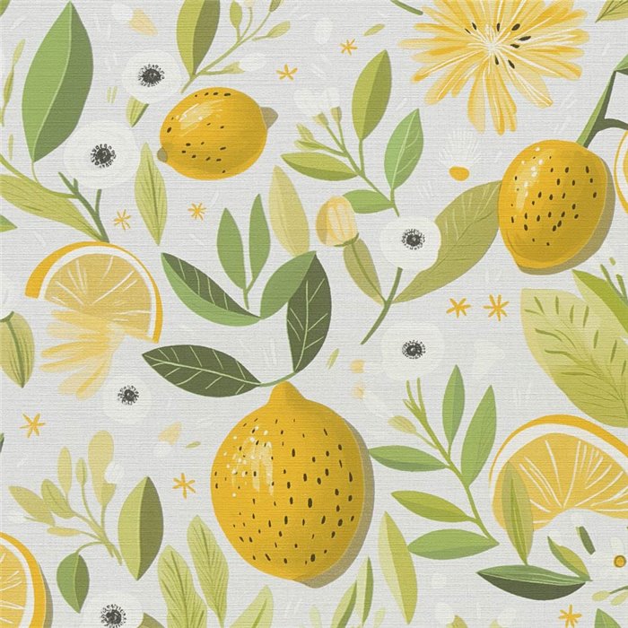 Papeldecor|Papel pintado floral con limones gris y amarillo|Cocina