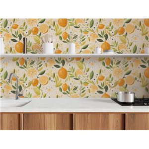 Papeldecor|Papel pintado floral con limones gris y amarillo|Cocina 2