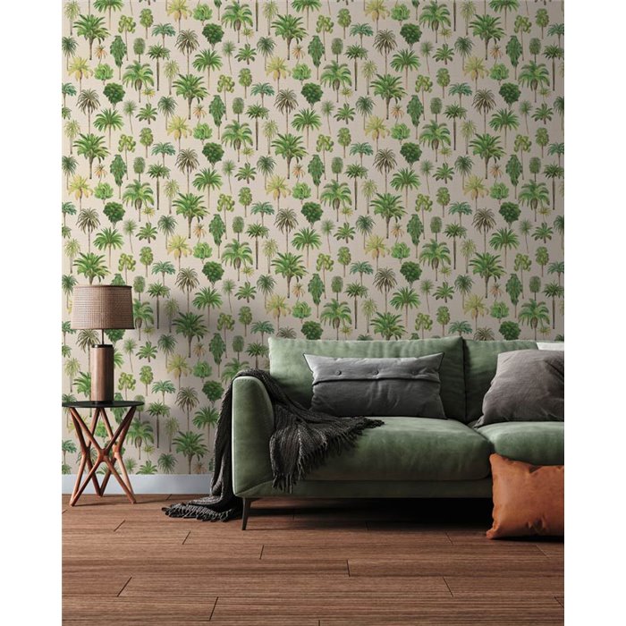 Papeldecor|Papel pintado oasis de palmeras beige|Hosteleria