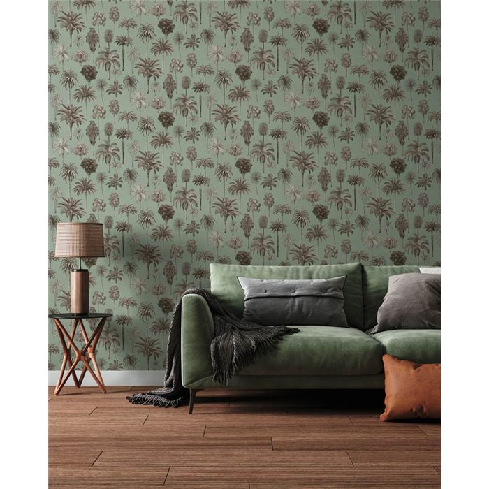 Papeldecor|Papel pintado colonial palmeras verde salvia|Salón