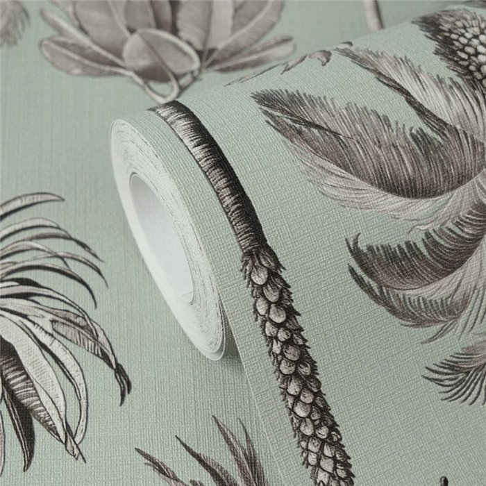 Papeldecor|Papel pintado colonial palmeras verde salvia|Salón