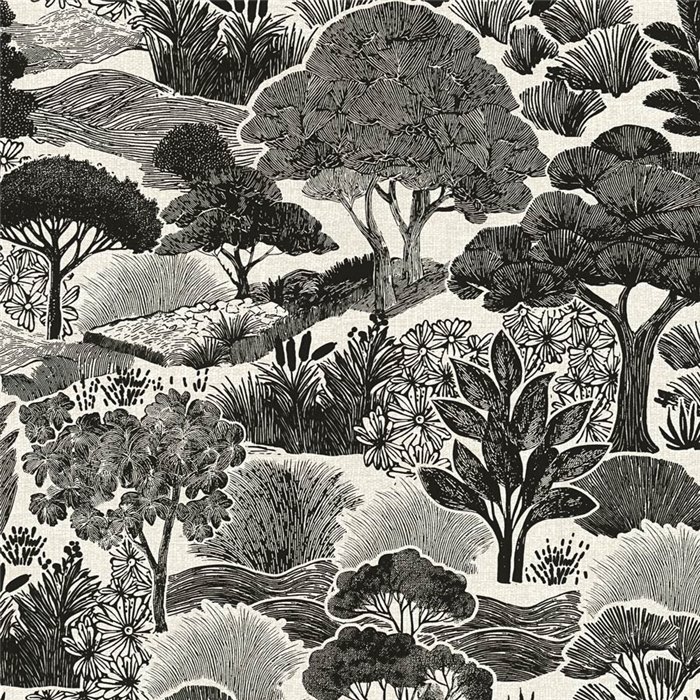 Papeldecor|Papier peint forêt illustrée noir et blanc|Hôtellerie