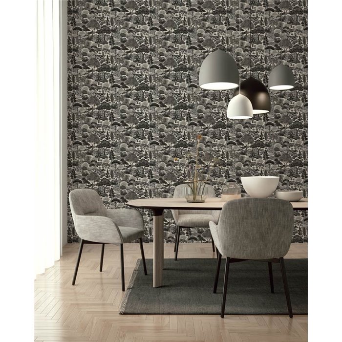 Papeldecor|Papel pintado bosque ilustrado blanco y negro|Hosteleria