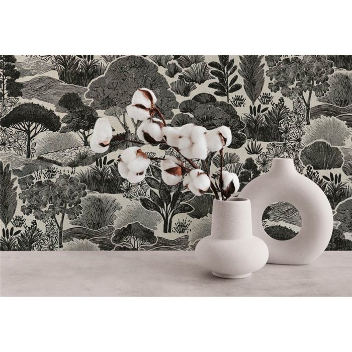 Papeldecor|Illustrated forest wallpaper black and white|Hospitality