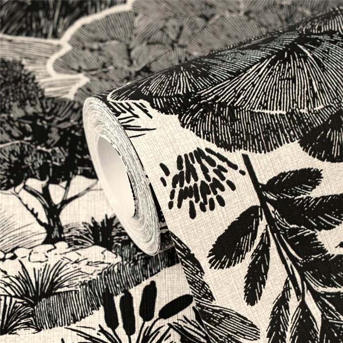 Papeldecor|Papier peint forêt illustrée noir et blanc|Hôtellerie
