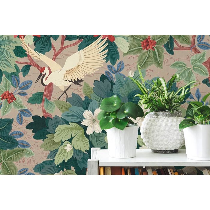 Papeldecor|Oriental botanical wallpaper beige and green|Oriental