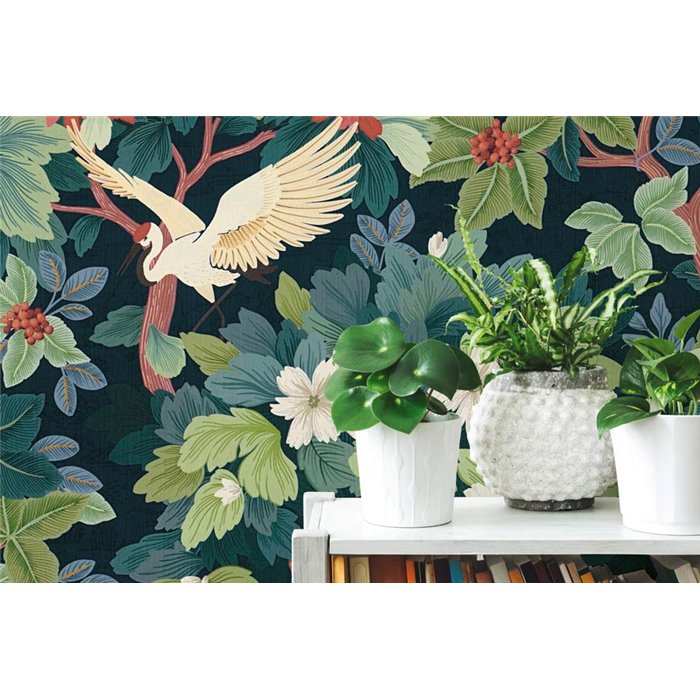 Papeldecor|Asiatische botanische Tapete blau und grün|Orientalisch