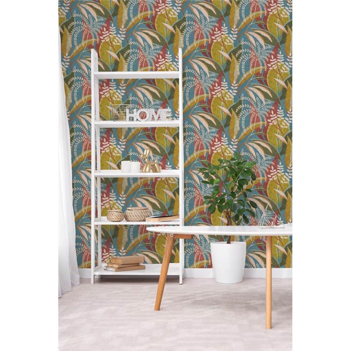 Papeldecor|Tropische Pflanzentapete blau mehrfarbig|Gewerberäume