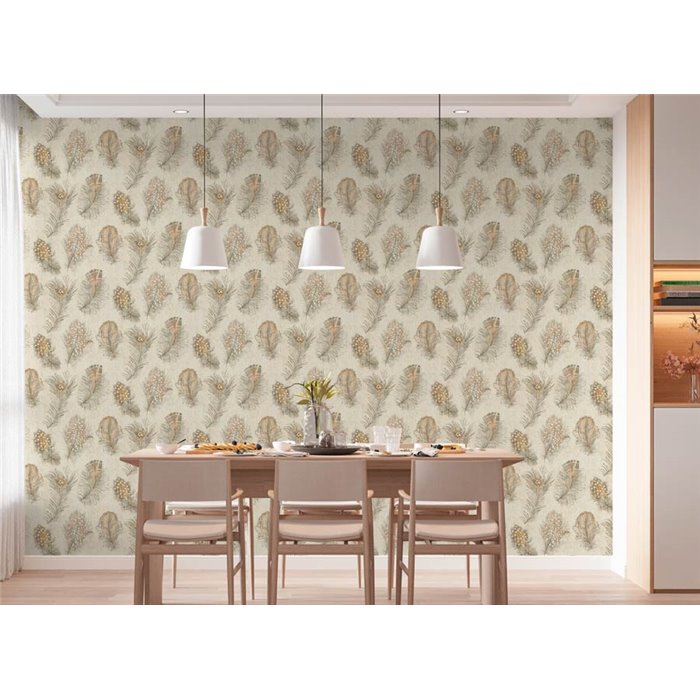 Papeldecor|Papel pintado plumas pavo real tonos beige|Hosteleria
