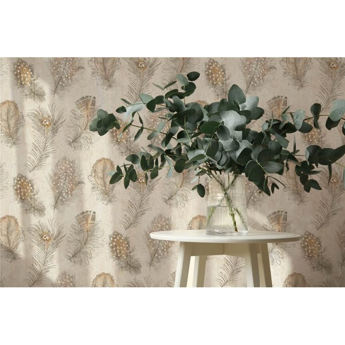 Papeldecor|Papier peint plumes de paon tons beige|Hôtellerie