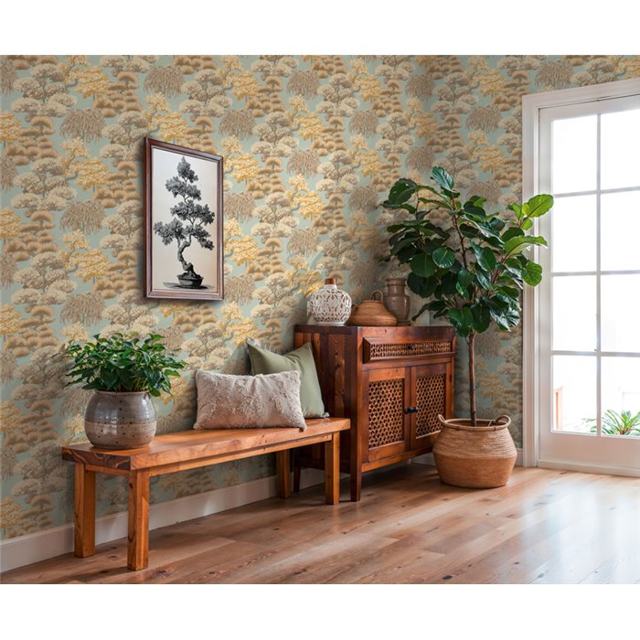 Papeldecor|Oriental landscape wallpaper turquoise|Bedrooms