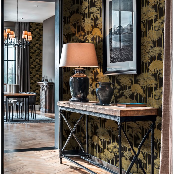 Papeldecor|Moderne Palmentapete schwarz und gold|Gastronomie & Hotellerie