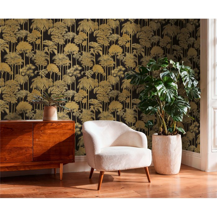 Papeldecor|Papier peint palmiers moderne noir et doré|Hôtellerie