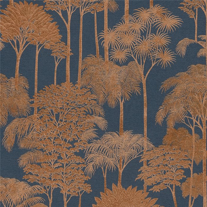 Papeldecor|Papier peint forêt de palmiers colonial bleu cuivré|Hôtellerie