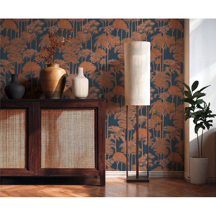 Papeldecor|Colonial palm forest wallpaper blue copper|Hospitality