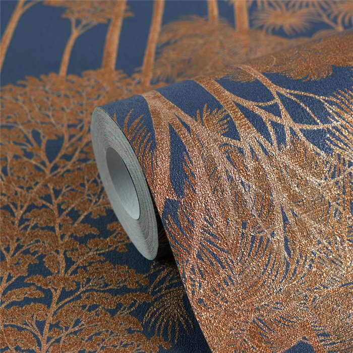 Papeldecor|Papel pintado colonial bosque de palmeras azul cobrizo|Hosteleria